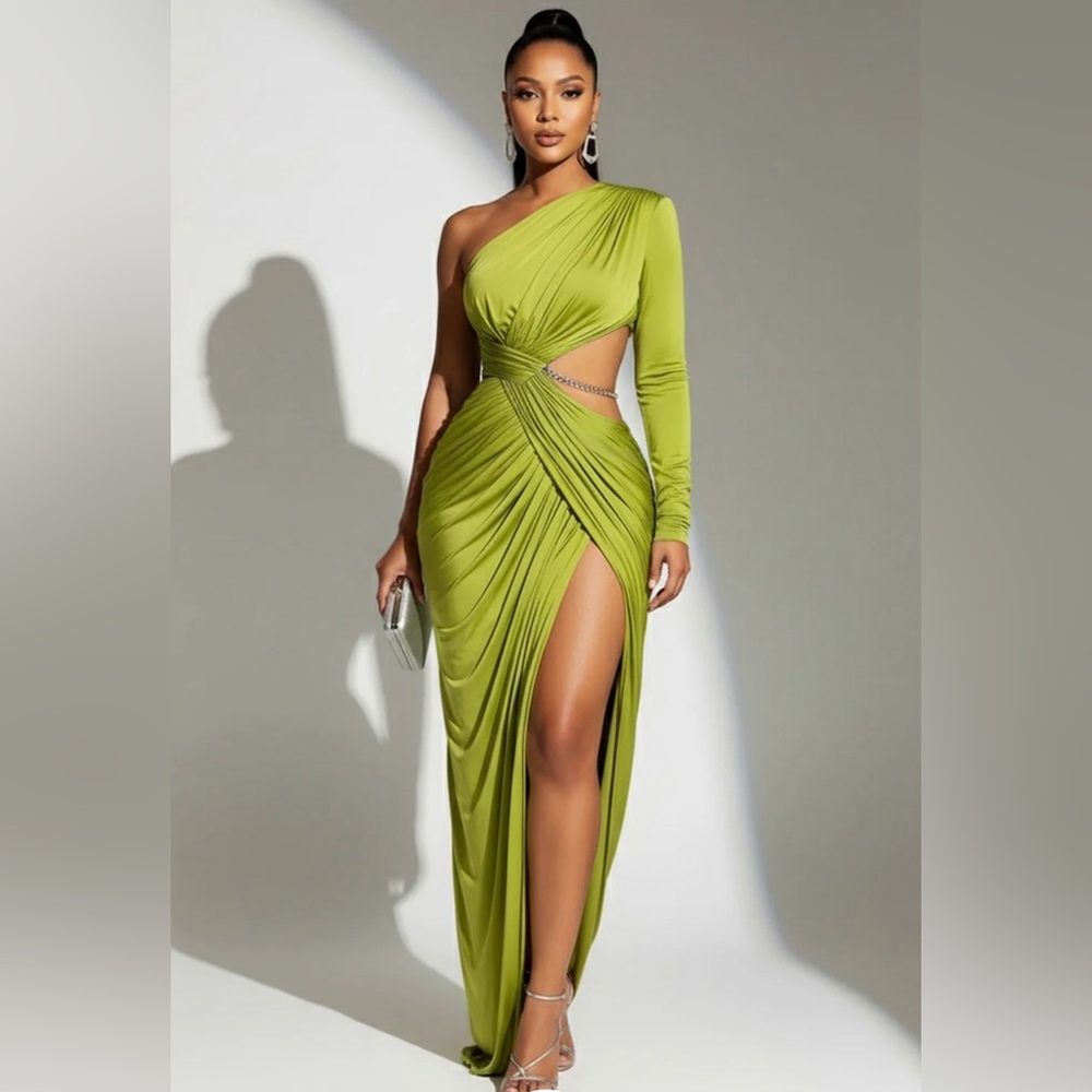 Asymmetrical One-Shoulder Lime Green Evening Gown